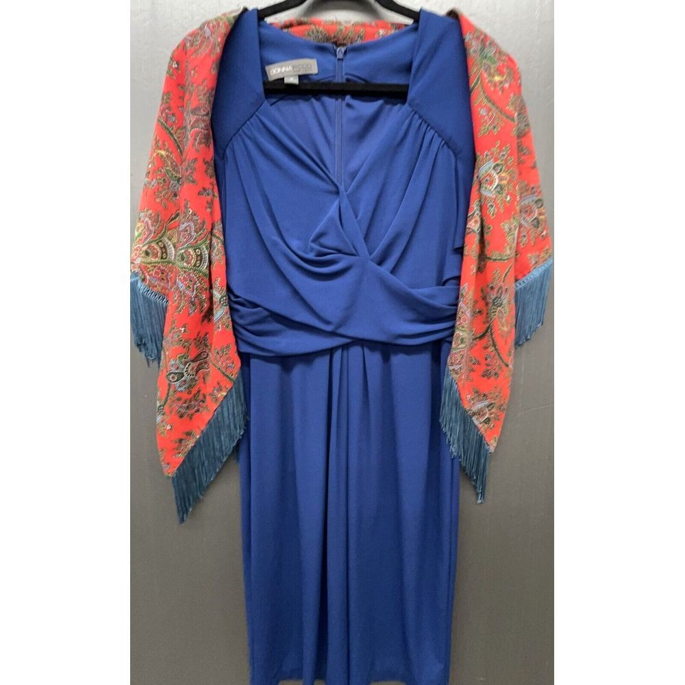 Donna Ricco Dress 12 Blue Midi Short Sleeve Lined Stretch With Red Scarf Shawl